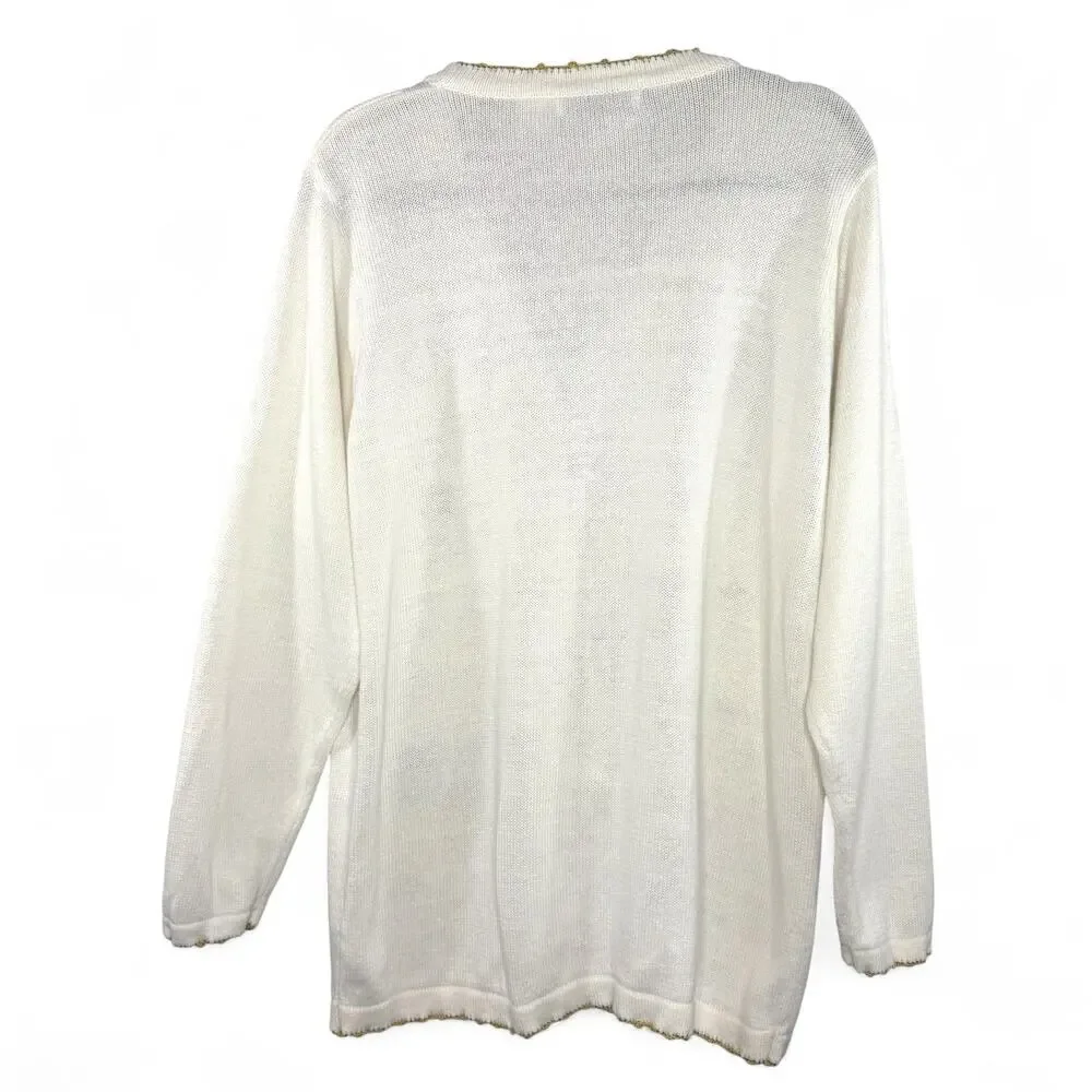 VTG 90s Victoria Jones Ugly Christmas‎ Cardigan L White Gold Sequin Tree Holiday